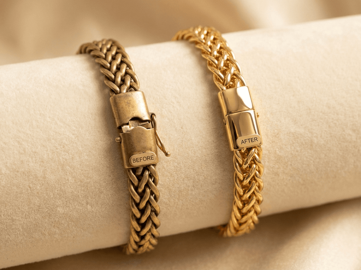 Gold braided bracelet shown before and after restoration