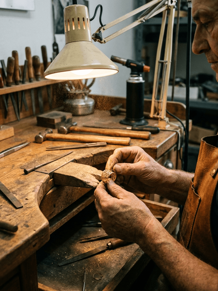 Master goldsmith shaping a gold ring at the workbench