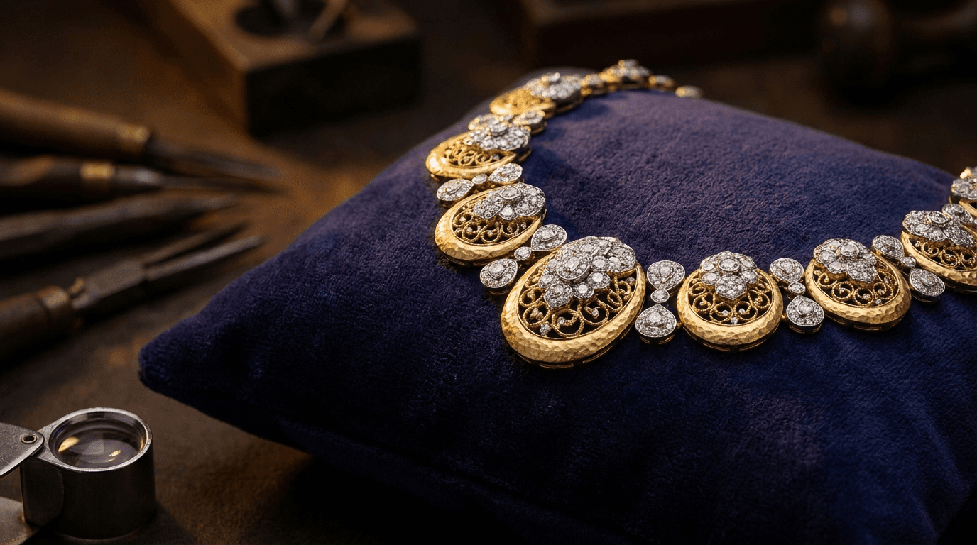 Handcrafted gold and diamond necklace on velvet with goldsmith tools