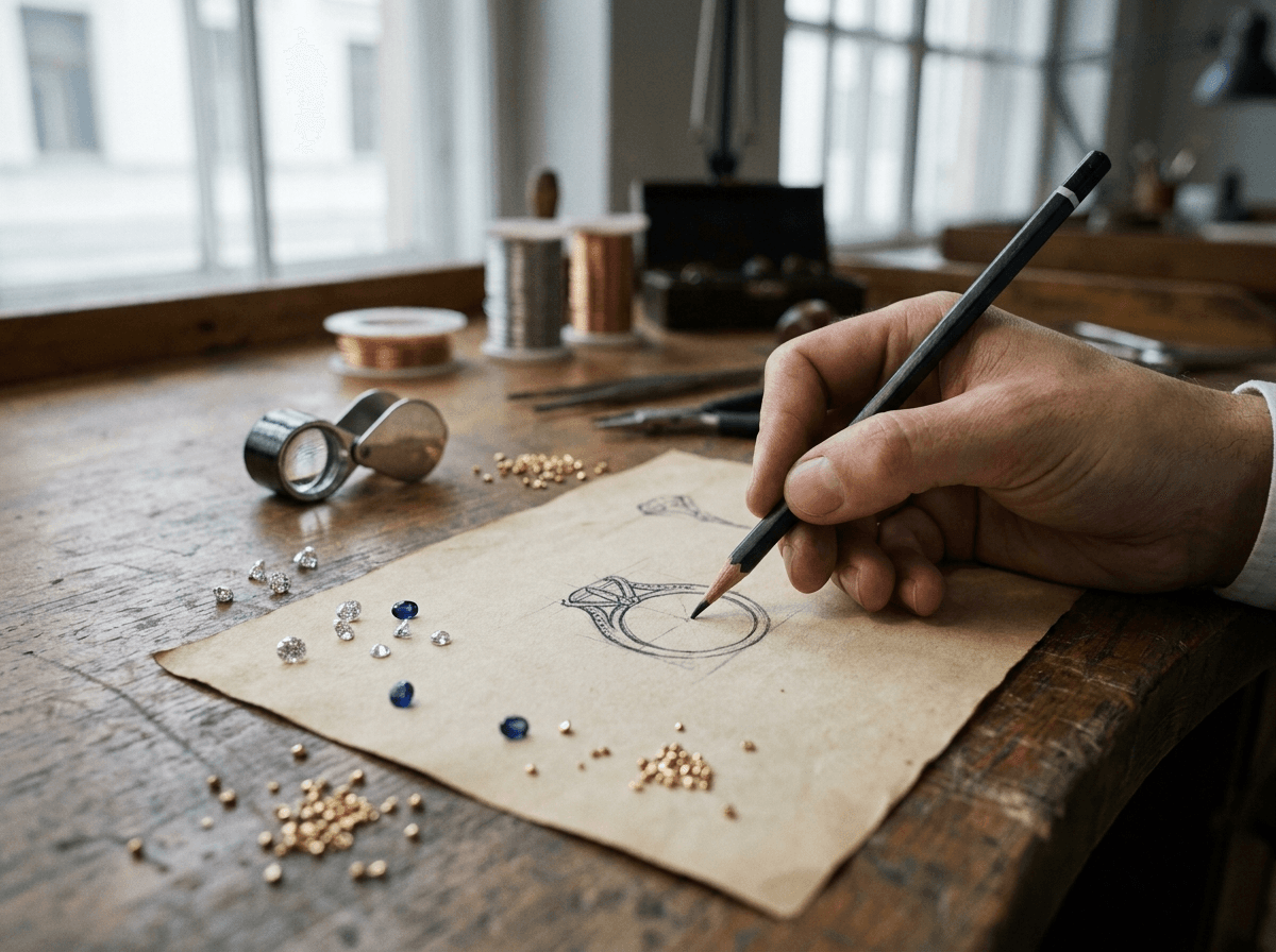 Designer sketching a ring beside gems and gold beads
