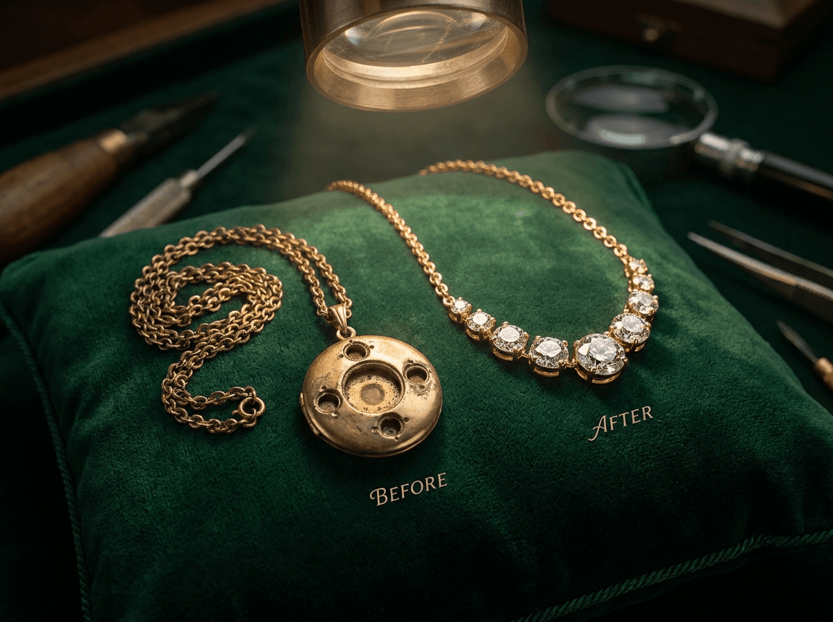 Vintage gold pendant transformed into a diamond necklace