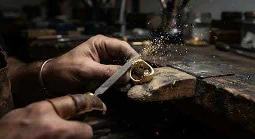 Goldsmith filing a gold ring with sparks of metal