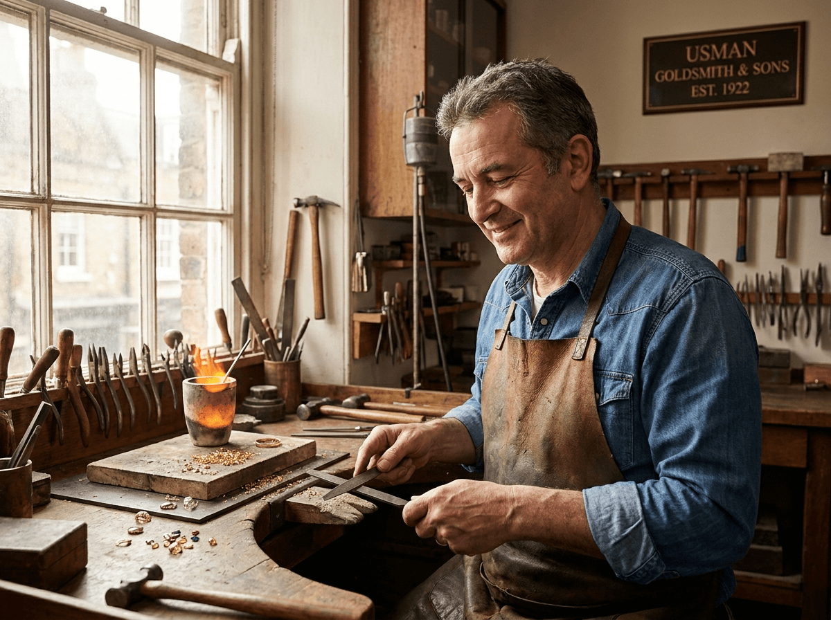 Master goldsmith Usman at his atelier workbench