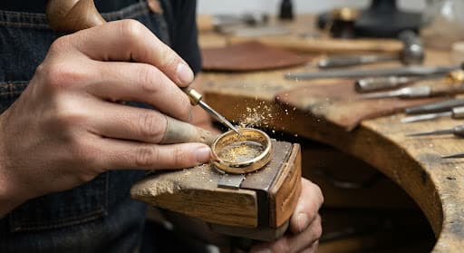 Hand engraving script into a gold wedding ring