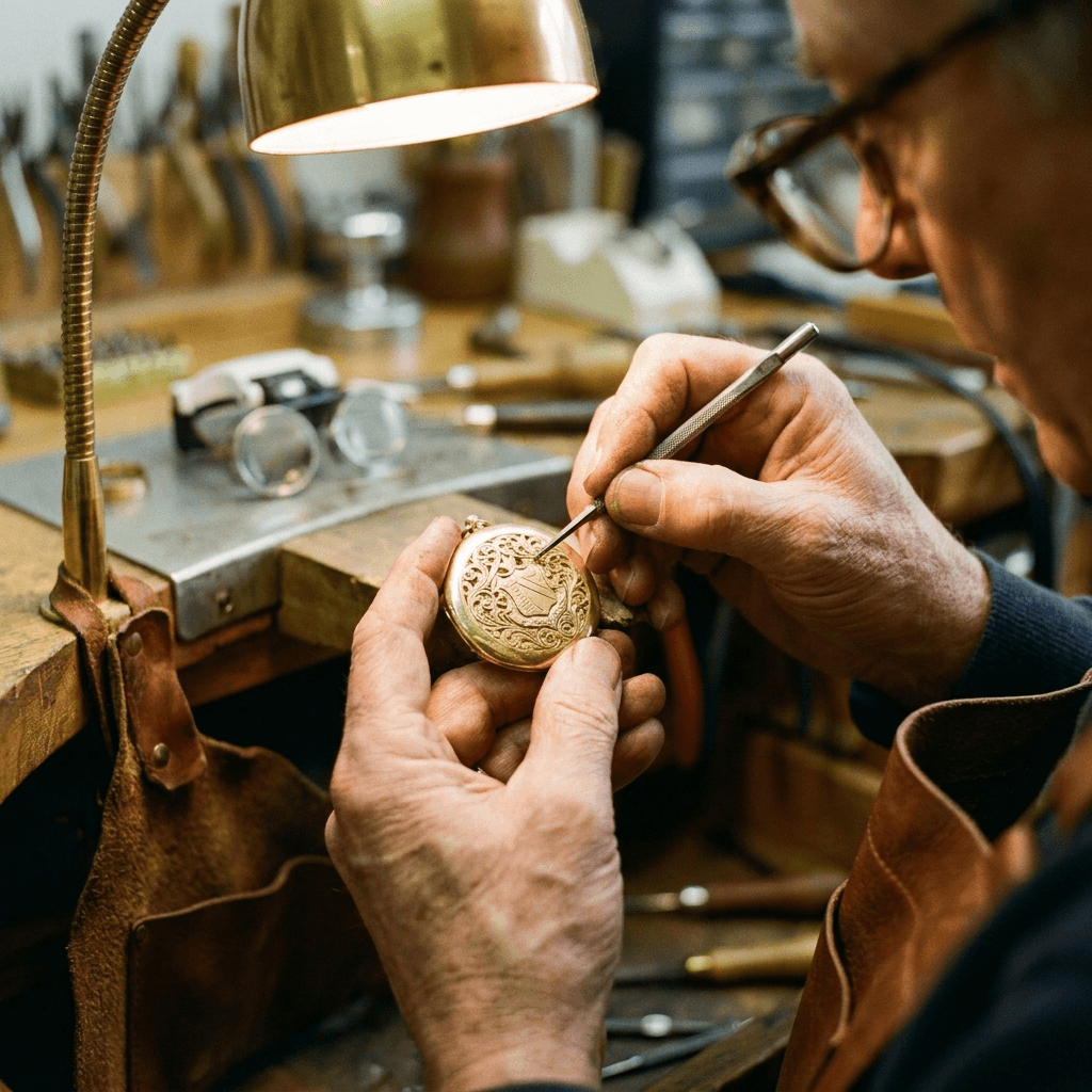 Master jeweler hand-detailing an engraved gold piece at the atelier