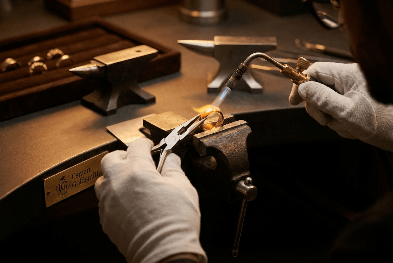 Wide view of the Usman Goldsmith workshop with glowing bench lamps and tools