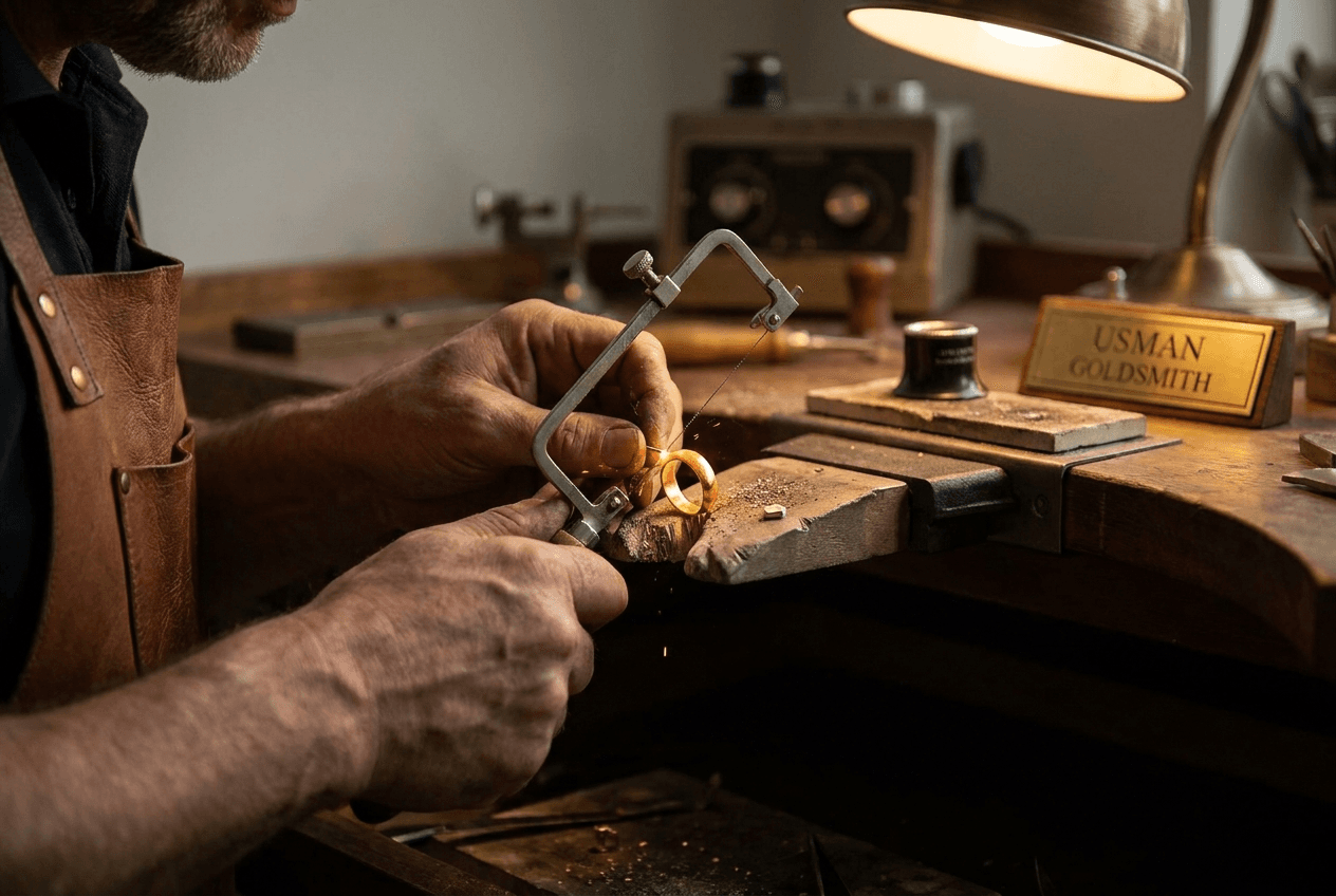 Gold ring being carefully resized at the goldsmith workbench